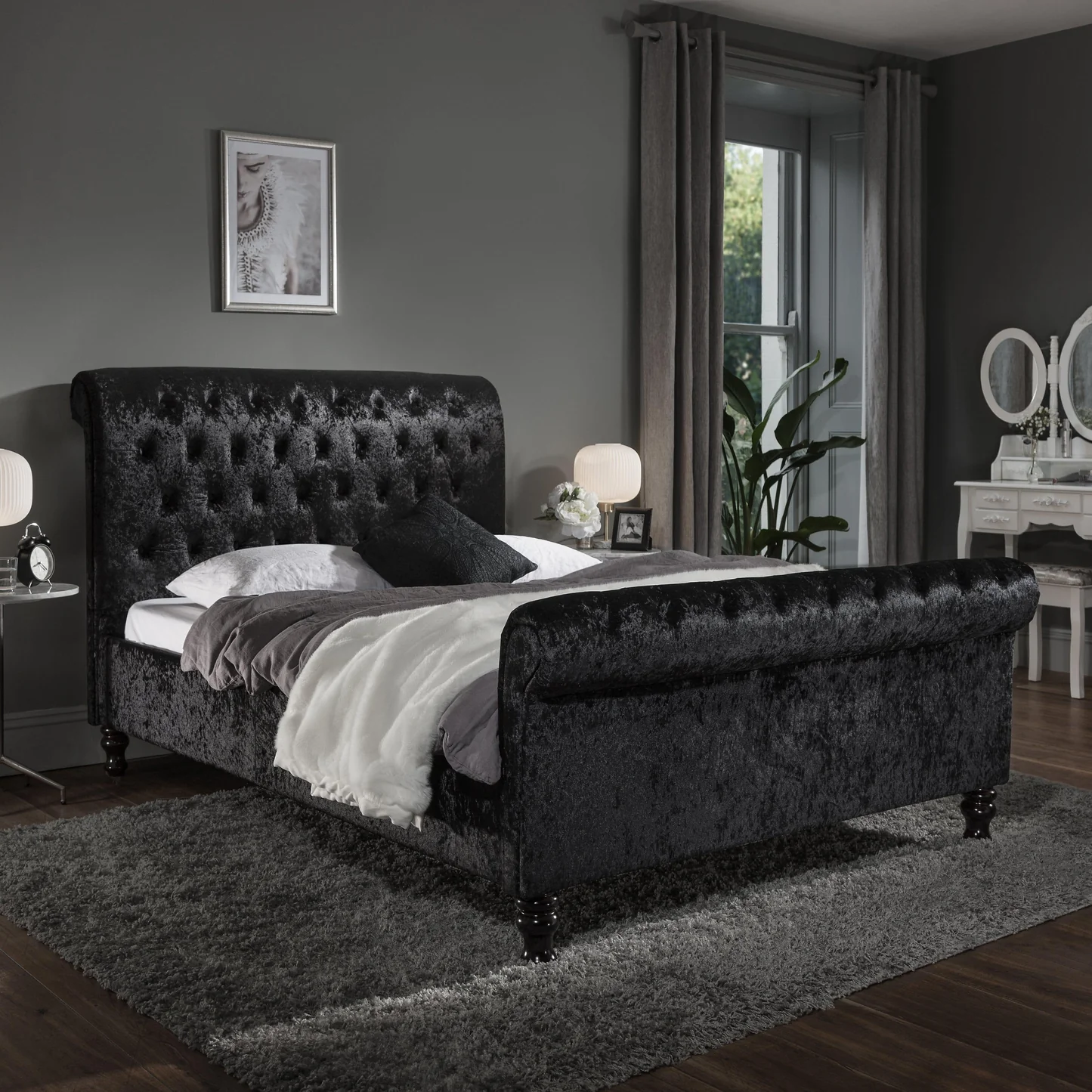 Black Crushed Velvet Sleigh Bed | Bold Designer Series | Free Delivery - Sleigh Beds UK